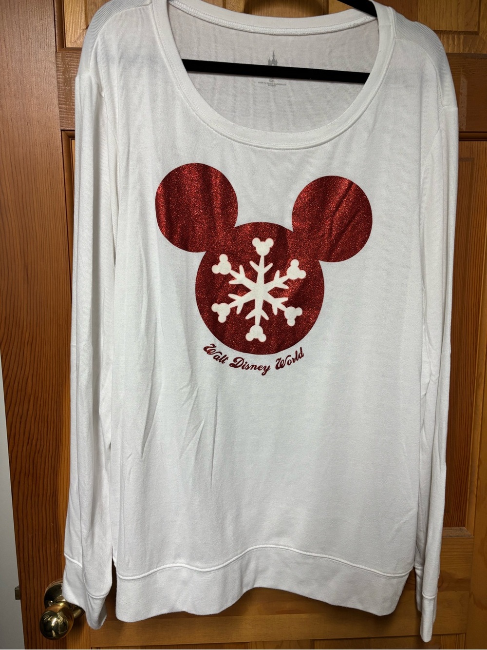 Disney White Long Sleeve Top with Red Glitter Mickey Snowflake